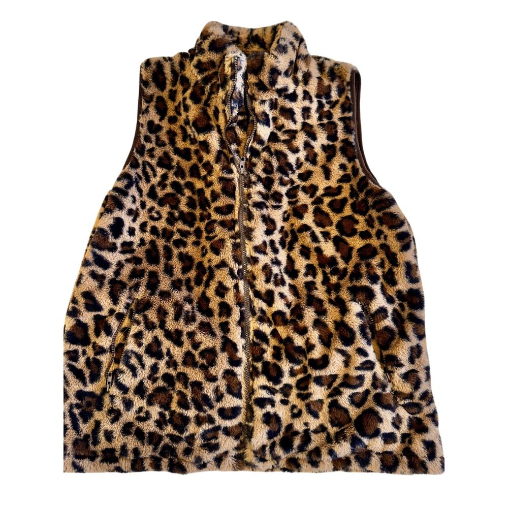 Zesica Leopard Fur Zip-Up Vest with Pockets | Women’s Size Large